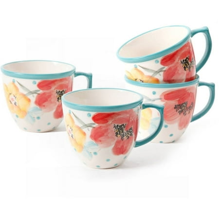 The Pioneer Woman Vintage Bloom Ceramic 4-Piece 16-Ounce Coffee Cup Set, White