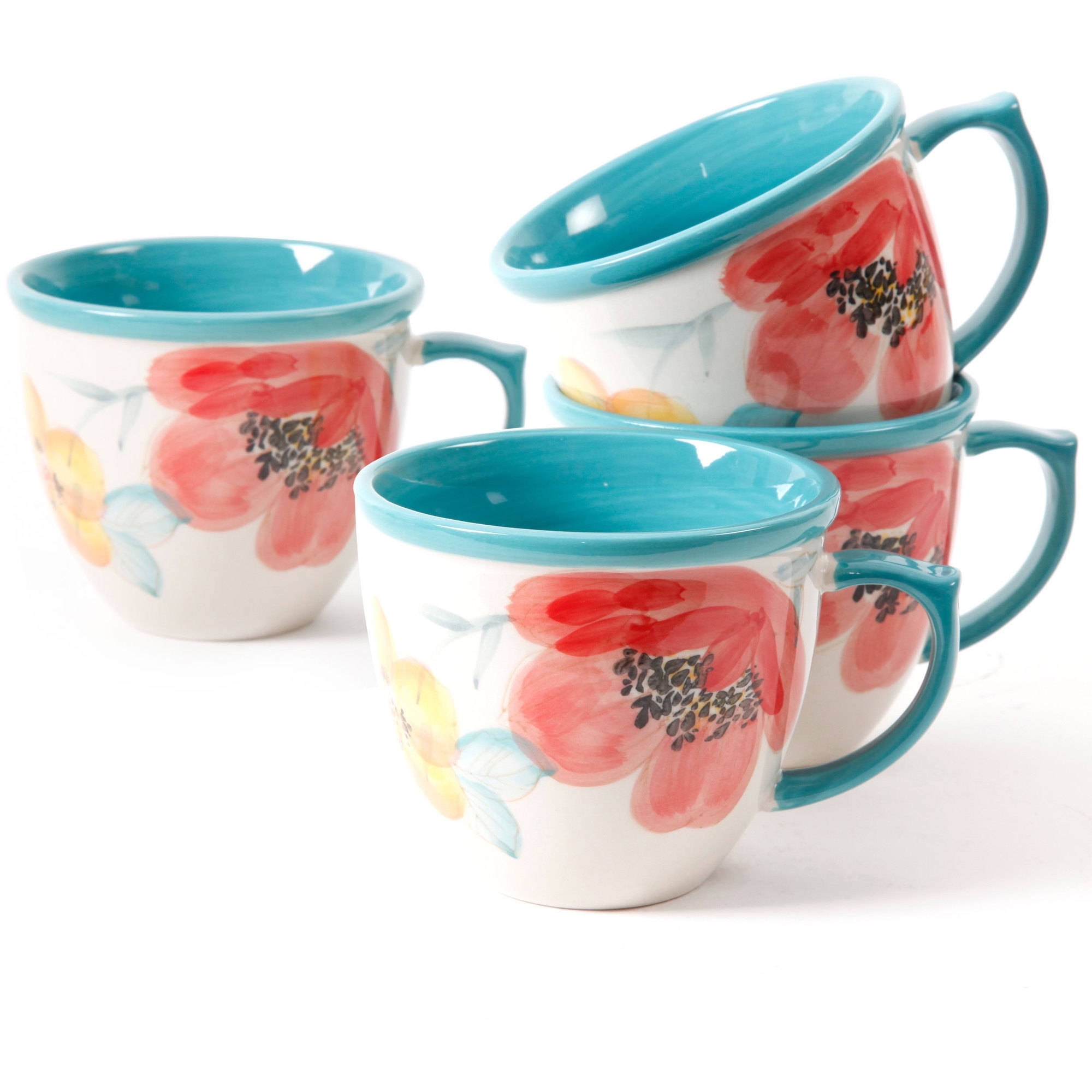 Set of 2▪︎THE PiONEER WOMAN▪︎Tall FLORAL Pedestal Coffee MUGS CupS GREEN  HANDLE