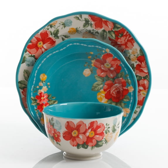 The Pioneer Woman Vintage Floral 12-Piece Dinnerware Set, Teal