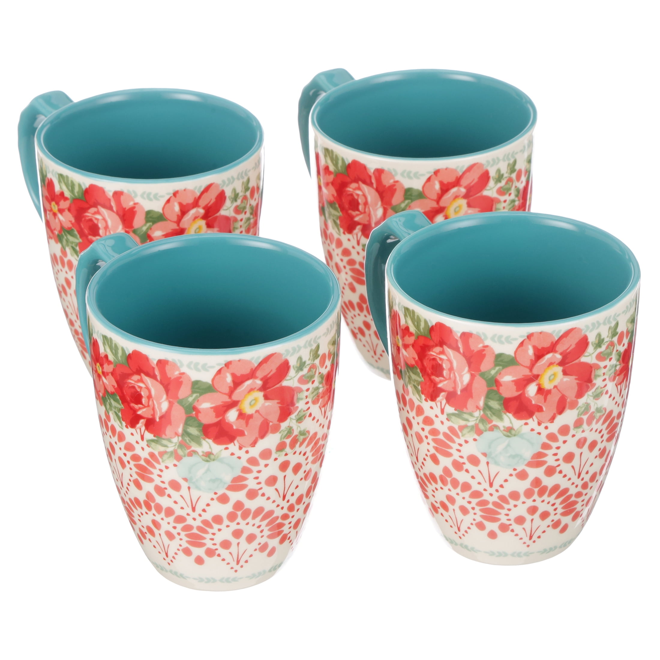 Set of 2▪︎THE PiONEER WOMAN▪︎Tall FLORAL Pedestal Coffee MUGS CupS GREEN  HANDLE
