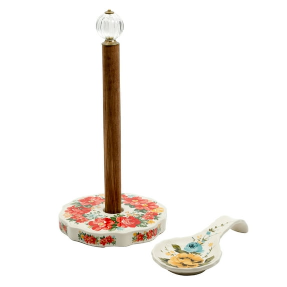 The Pioneer Woman Vintage Floral Paper Towel Holder with Rose Shadow Spoon Rest Set, Decorative Paper Towel Holder with Matching Spoon Rest, Floral Design Kitchen Set