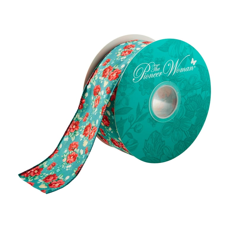 The Pioneer Woman Vintage Floral Teal Polyester Merrow Wire Edge Ribbon,  2.5 x 25 Yards