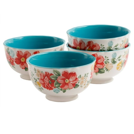 The Pioneer Woman Vintage Floral Teal Stoneware 4-Piece Footed Bowl Set