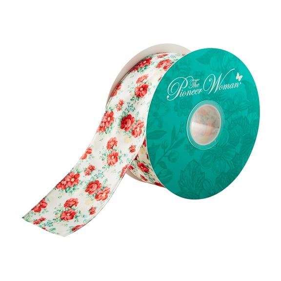 The Pioneer Woman Vintage Floral White Polyester Merrow Wire Edge Ribbon, 2.5" x 25 Yards
