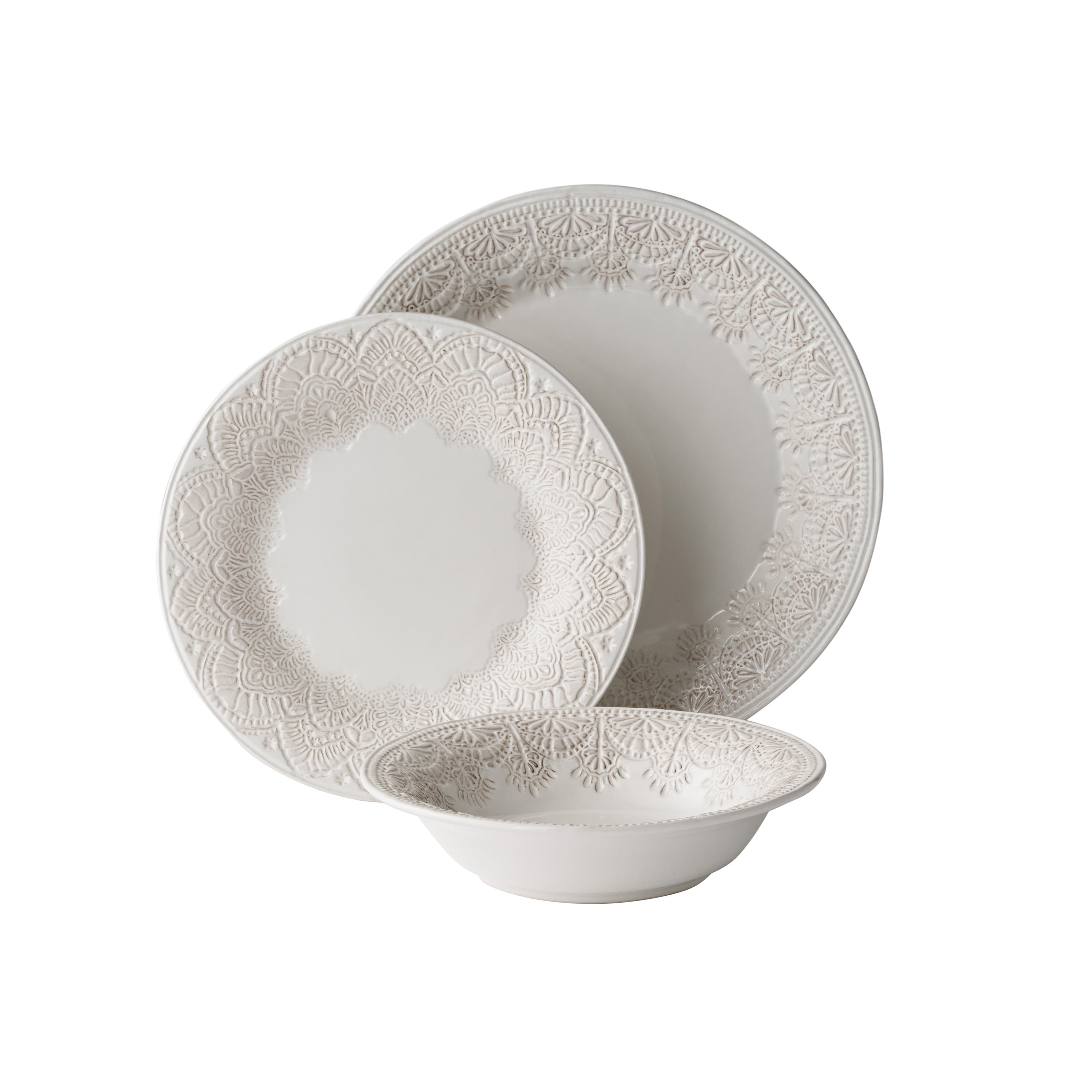 The Pioneer Woman Vintage Lace 12-Piece Ceramic Dinnerware Set, Linen