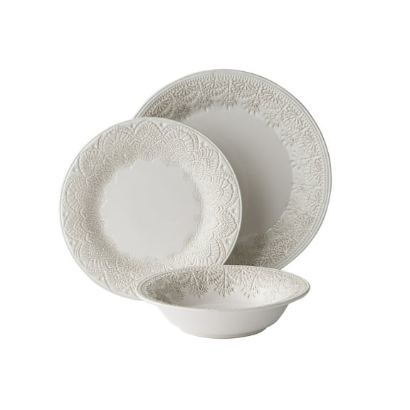 The Pioneer Woman Vintage Lace 12-Piece Ceramic Dinnerware Set, Linen