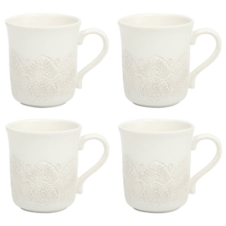 The Pioneer Woman Vintage Lace Ceramic Mug Set, Linen, 4-Pack