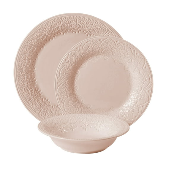 The Pioneer Woman Vintage Lace 12-Piece Ceramic Dinnerware Set, Pink