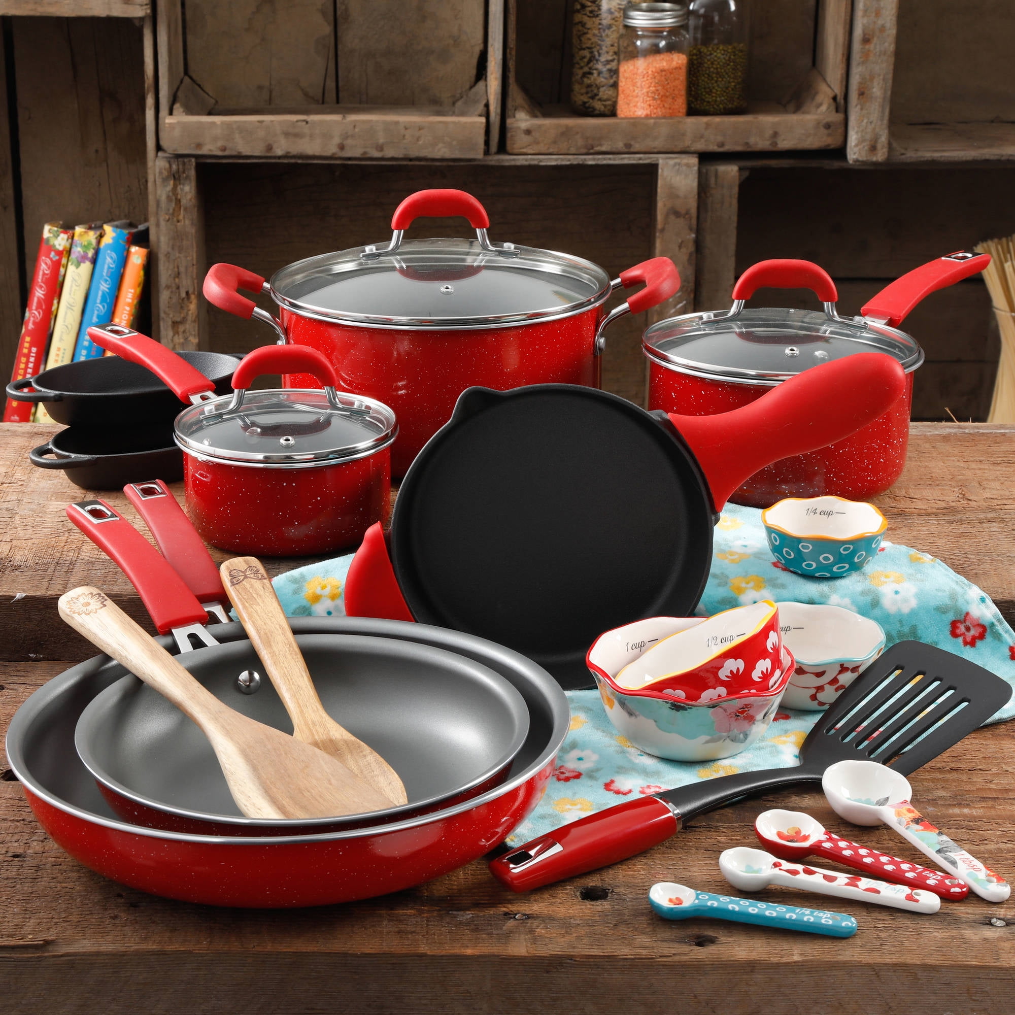 The Pioneer Woman Vintage Speckle 24-Piece Cookware Combo Set in Turquoise Bundle with Copper Charm Stainless Steel Copper Bottom Cookware Set, 10