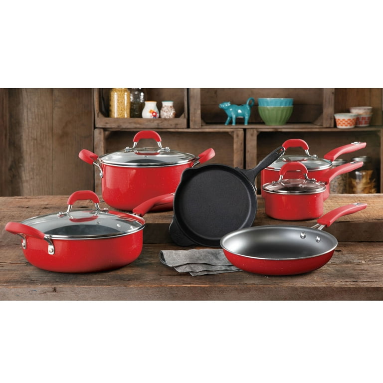 Bergner Retro Collection Cast Aluminum Nonstick Pots and Pans 10 Piece Cookware Set - Red