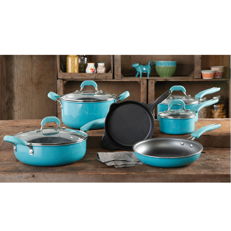 The Pioneer Woman Vintage Speckle Turquoise Cookware Set, 17 Piece