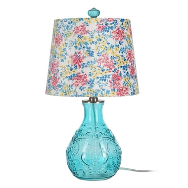 The Pioneer Woman Washy Ditsy Embossed Table Lamp with Pretty Posies Linen Shade, Teal