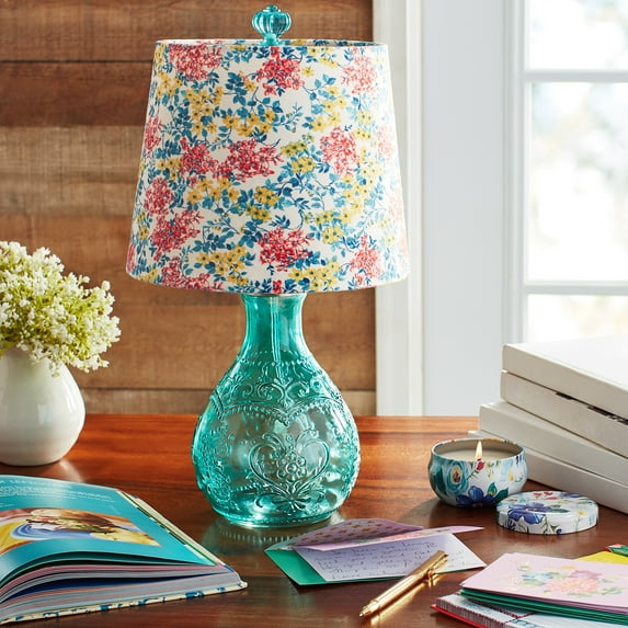 The Pioneer Woman Washy Ditsy Embossed Table Lamp with Pretty Posies Linen Shade and LED Bulb, Teal