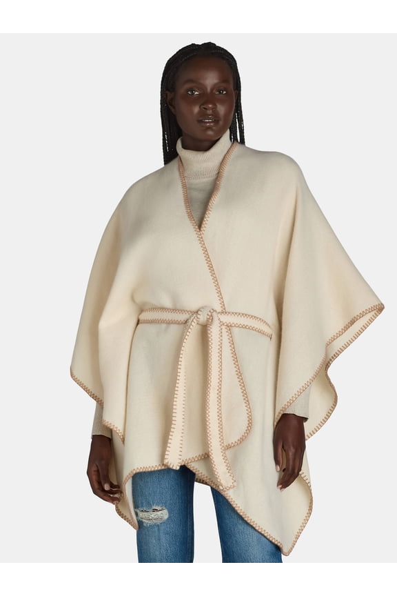 Whipstitch Wrap Ruana with Belt Layering Piece, Buttercream Brownie