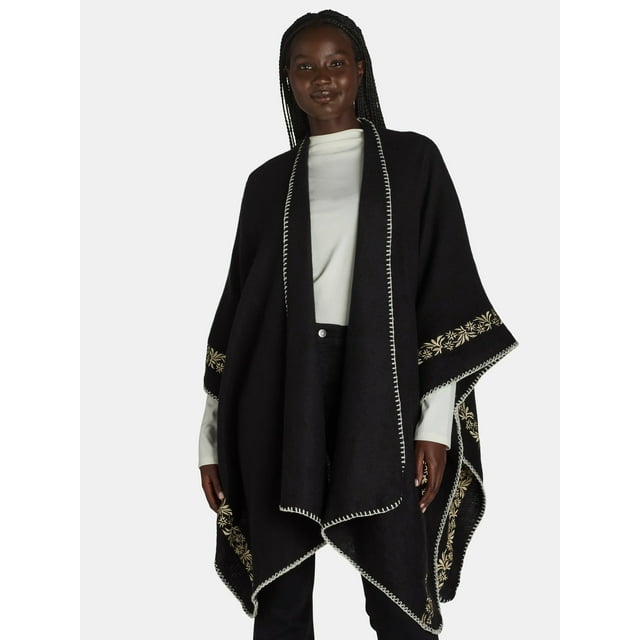 The Pioneer Woman Whipstitch Wrap Ruana with Belt Layering Piece, Black Beauty