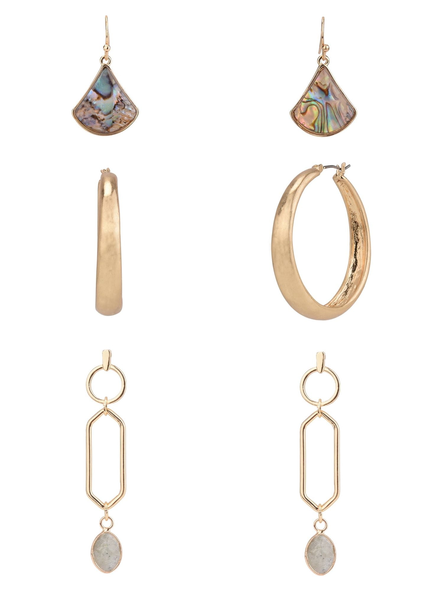 The Pioneer Woman - Women's Jewelry, Soft Gold-tone Metal Trio Earring Set with Semi-Precious Stone and Abalone Shell