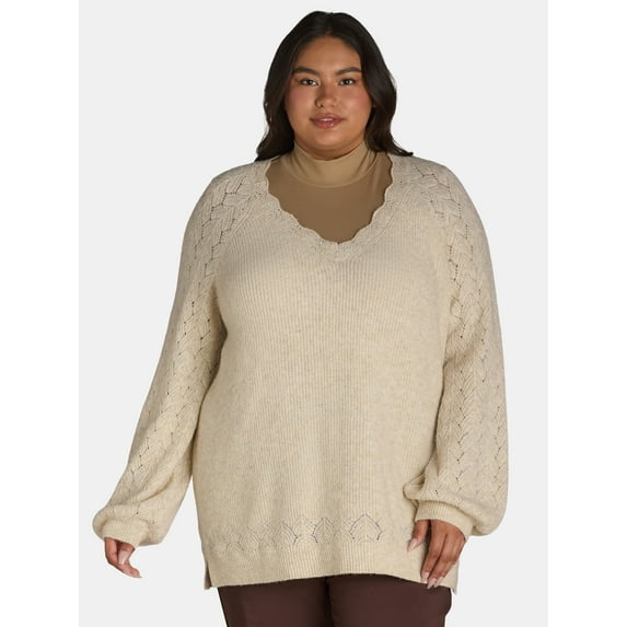 The Pioneer Woman’s Pointelle V-Neck Sweater, Midweight, Women’s, Sizes XS-XXXL