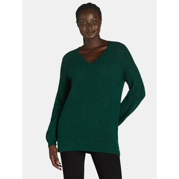 The Pioneer Woman’s Pointelle V-Neck Sweater, Midweight, Women’s, Sizes XS-XXXL
