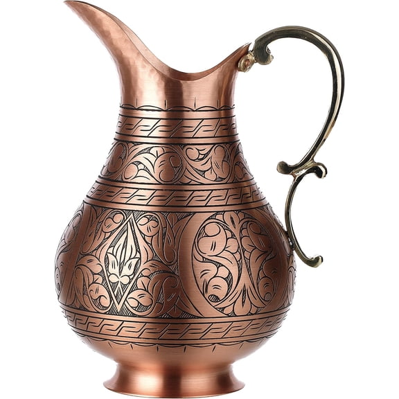 The Pitcher, 1mm Solid Copper Handmade Engraved Copper Pitcher Vessel Ayurveda Jug for Drinking Water, Moscow Mule, Cocktail (Matte-Engraved)