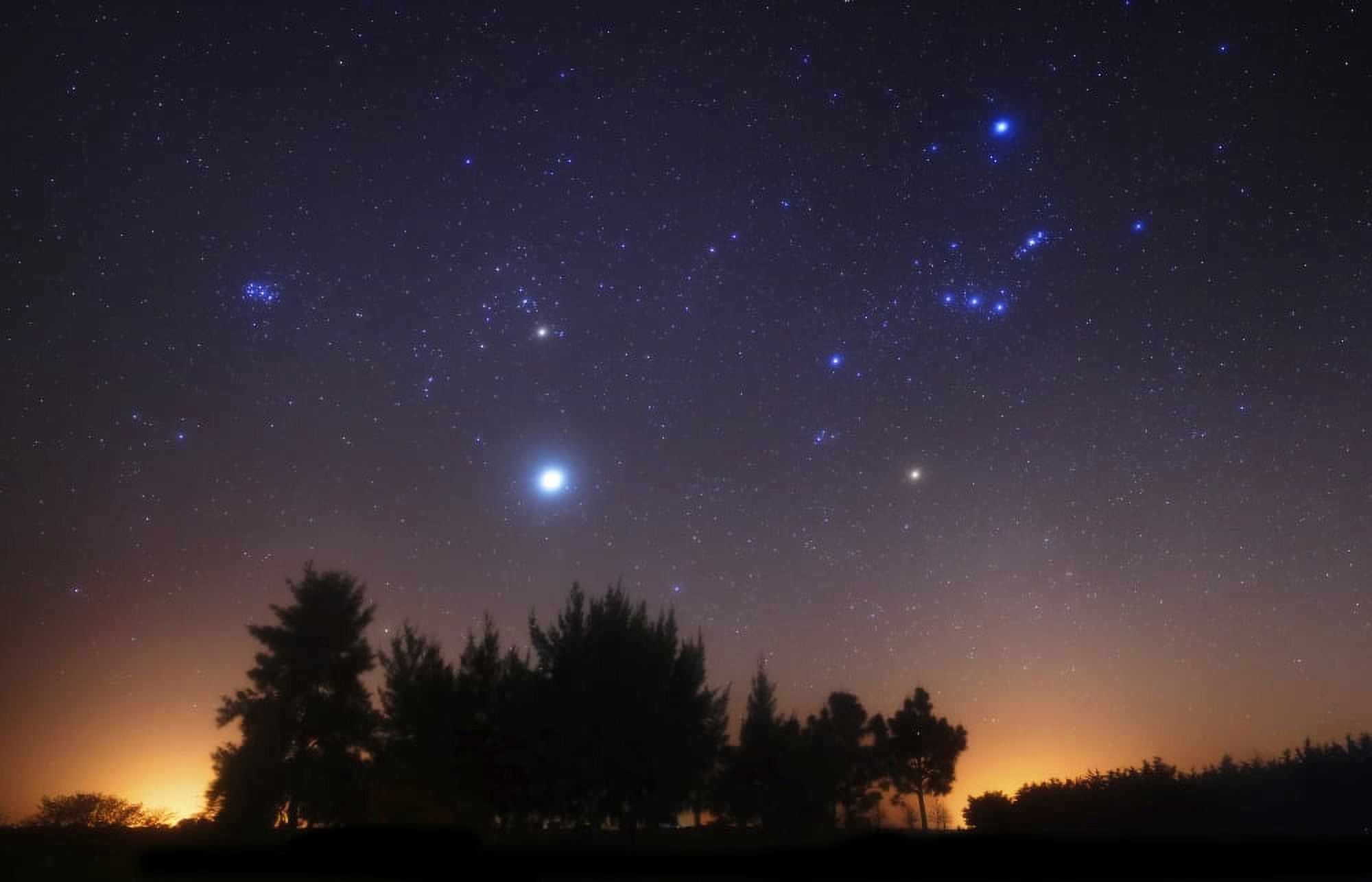 The Pleiades Taurus and Orion with Jupiter over Doyle Argentina Canvas Art - Luis ArgerichStocktrek Images (35 x 23)