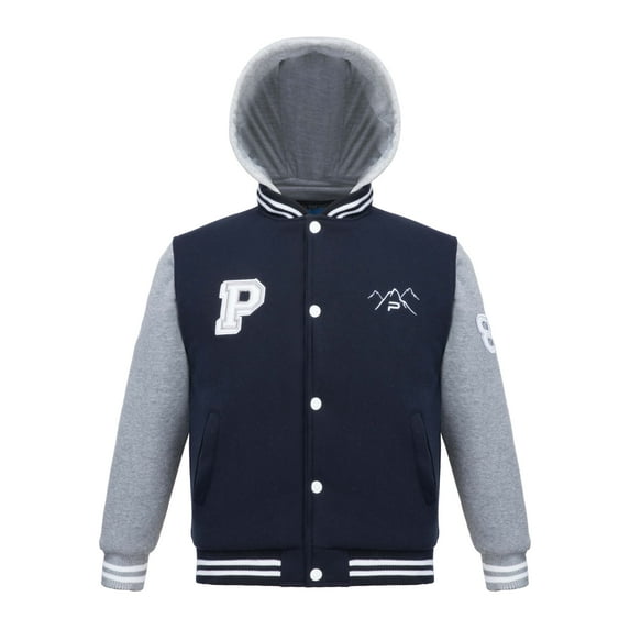 The Polar Club Big Boys' Fleece Varsity Baseball Jacket Navy & Gray 2-Tone with Removable Hood (N&G- Size S/8)