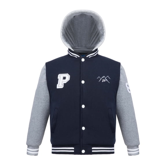 The Polar Club Big Boys' Fleece Varsity Baseball Jacket Navy & Gray 2-Tone with Removable Hood (N&G- Size XL/18)