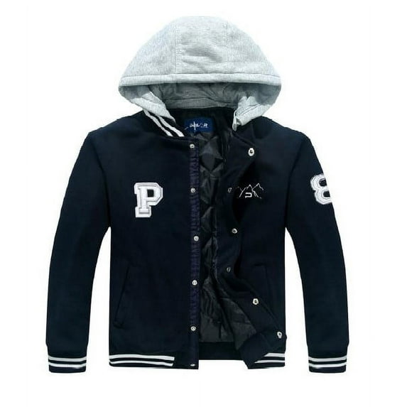 The Polar Club Big Boys' Fleece Varsity Baseball Jacket with Removable Hood (Navy- M/10-12)