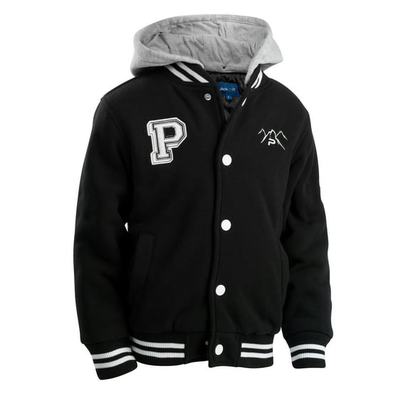 The Polar Club Boys' Fleece Varsity Baseball Jacket with Removable Hood (Black-5)