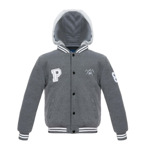The Polar Club Boys' Fleece Varsity Baseball Jacket with Removable Hood (Charcoal-S/8)