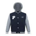 thumbnail image 1 of The Polar Club Mens' Fleece Varsity Baseball Jacket Navy & Grey 2-Tone with Removable Hood (Size Medium Navy&G), 1 of 4