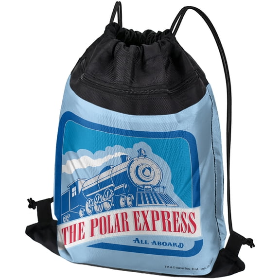 The Polar Express All Aboard Drawstring Backpack Sports Bag Sackpack 17" x 13", Perfect for Gym, Yoga or Practice