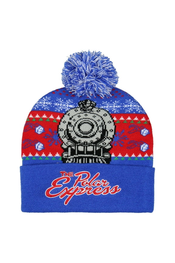 The Polar Express Beanie Men's Locomotive Fair Isle Design Embroidered Logo Fold Cuff Top Pom Beanie Hat