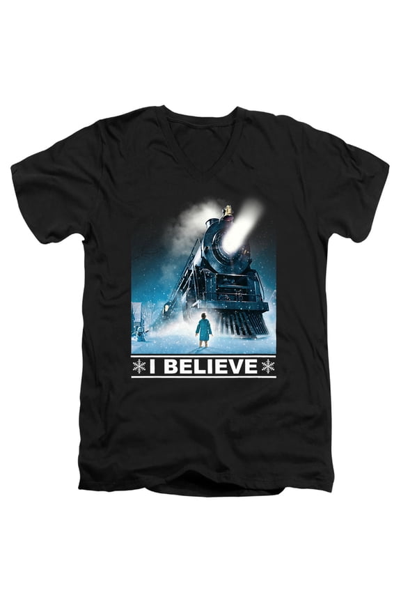 The Polar Express I Believe Unisex Adult V-Neck T Shirt (Small) Black