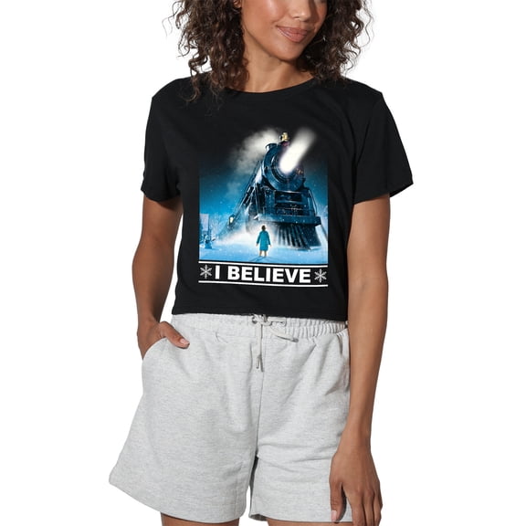 The Polar Express I Believe Women's Crop Top T-Shirt, Black, Medium
