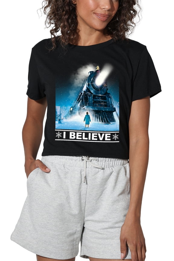The Polar Express I Believe Women's Crop Top T-Shirt, Black, Medium