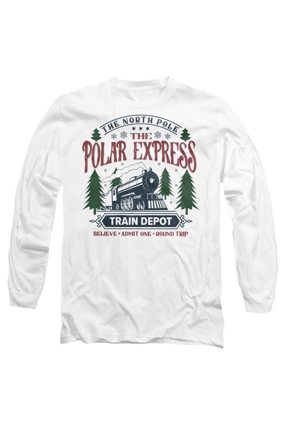 The Polar Express Train Depot Unisex Adult Long-Sleeve T Shirt, White, X-Large