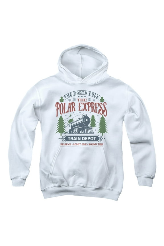 The Polar Express Train Depot Youth Kids Boy/Girls Pull-Over Hoodie, White, Large