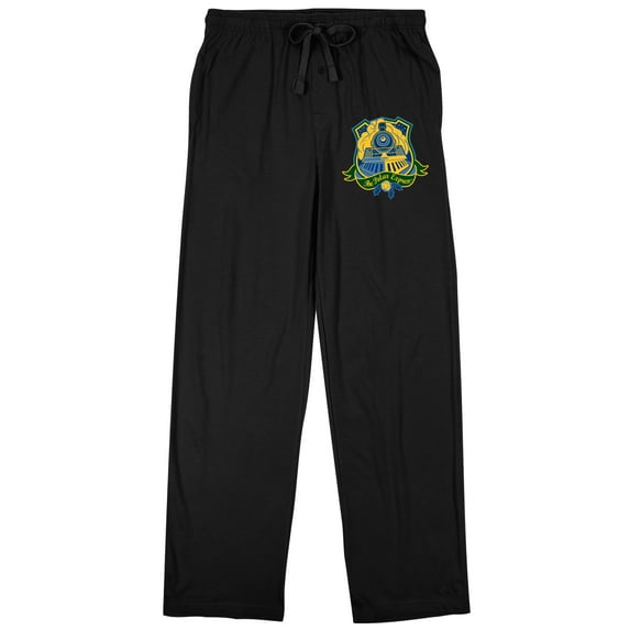 The Polar Express Train Front Crest With Green Ribbon and Bell Men's Black Graphic Sleep Pajama Pants-Large