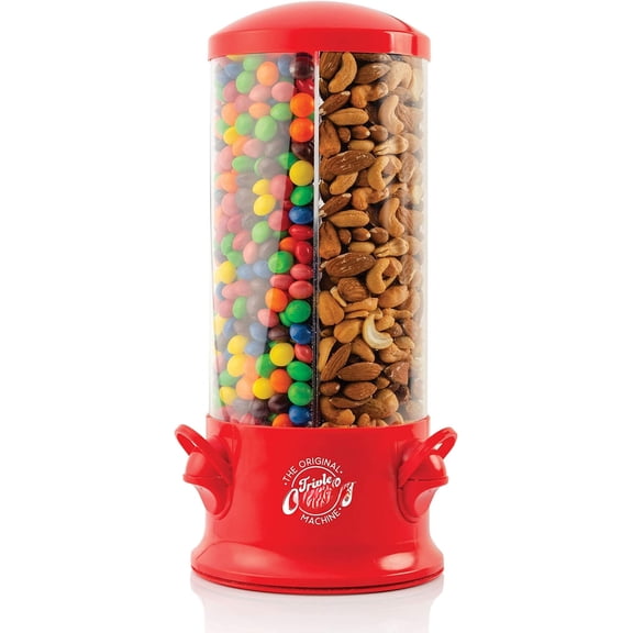 The Polystyrene Triple Candy Machine - Fun Candy & Nut Dispenser - & Improved (Red) - 360 and 3 Compartments