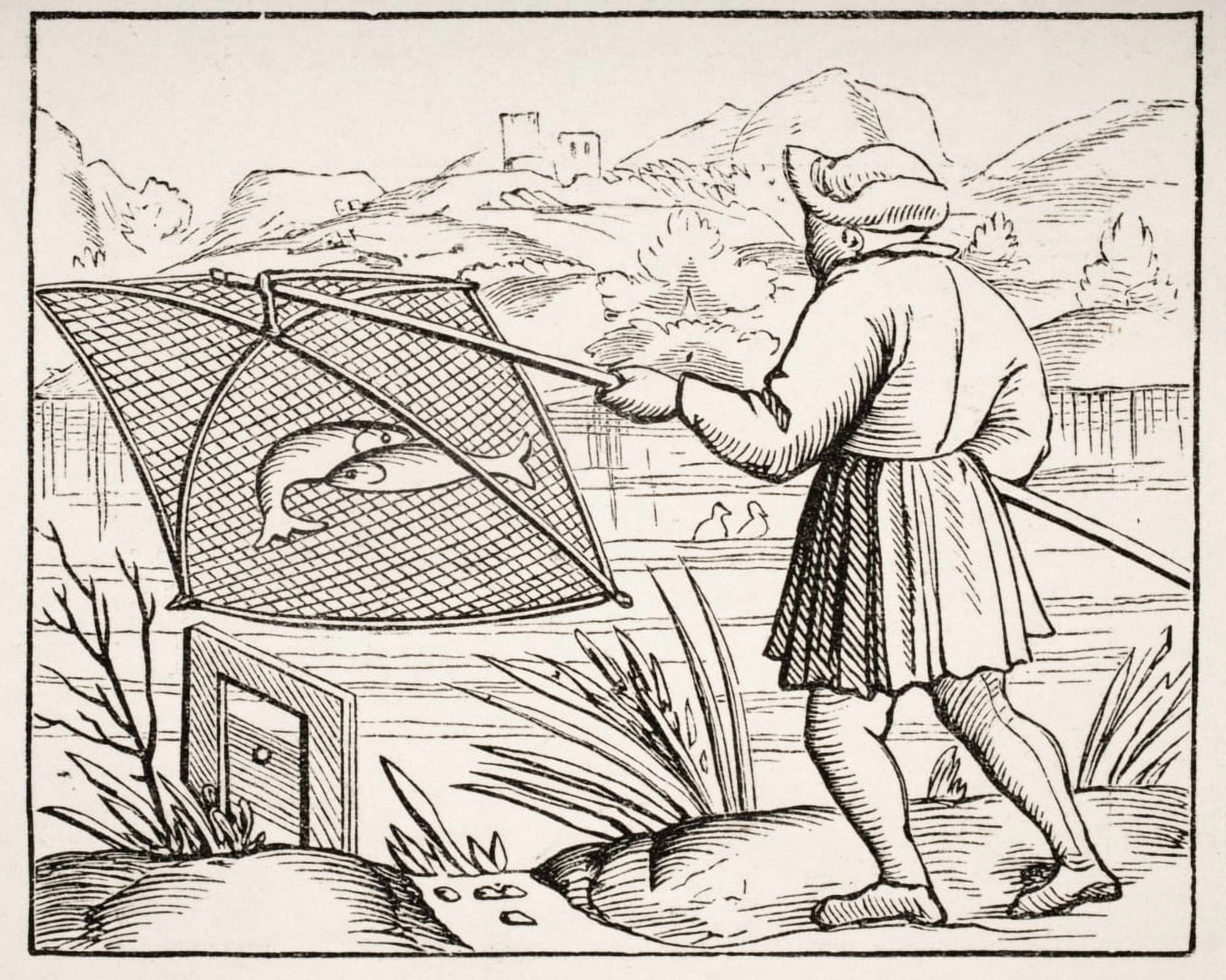 The Pond Fisherman 19Th Century Copy Of Woodcut In Cosmographie Universelle Dated 1549 Canvas Art - Ken Welsh Design Pics (17 x 13)