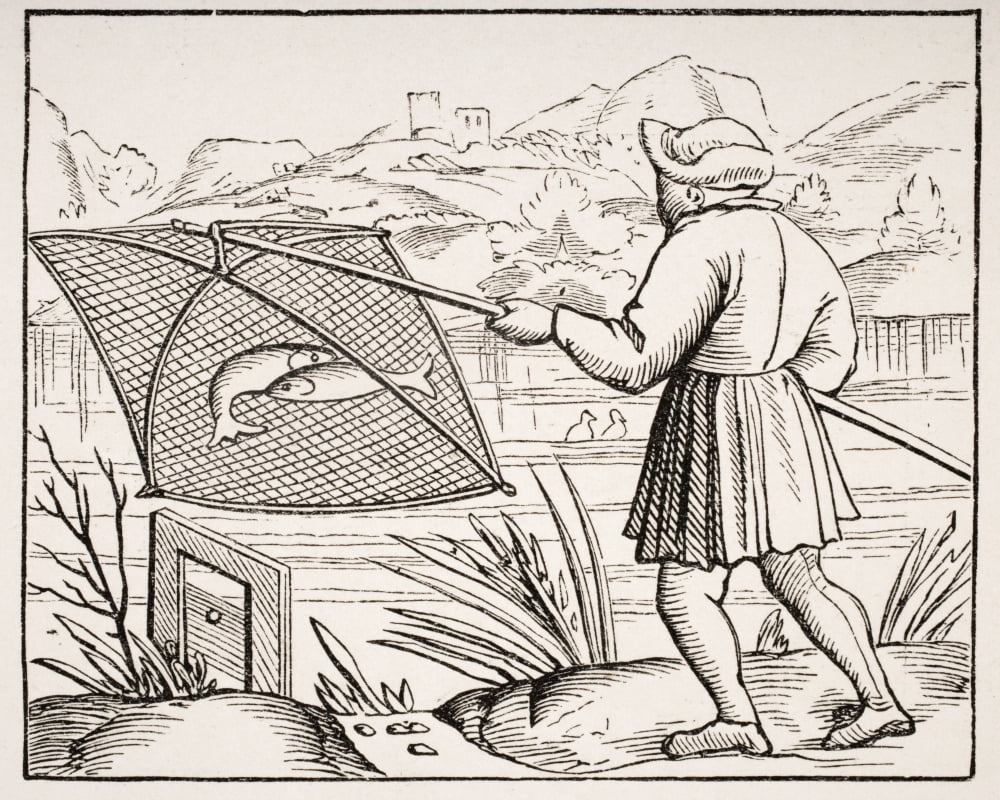 The Pond Fisherman 19Th Century Copy Of Woodcut In Cosmographie Universelle Dated 1549 Canvas Art - Ken Welsh Design Pics (34 x 26)