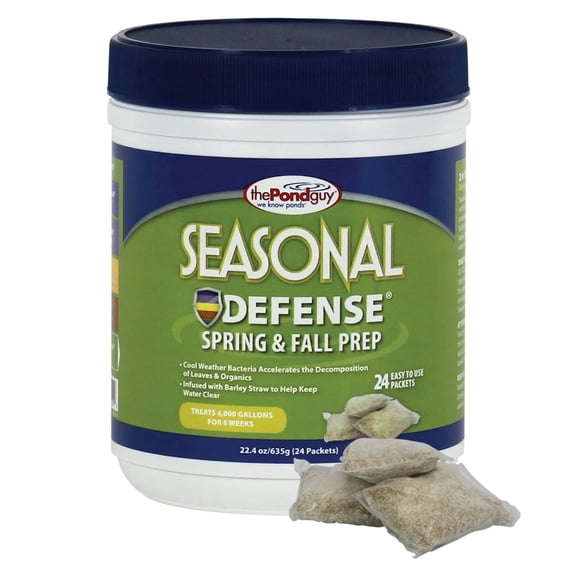 The Pond Guy Seasonal Defense, Spring & Fall Beneficial Bacteria, Barley & Enzymes, Cold Water Sludge & Scum Treatment, Fish & Plant Safe - 24 Packets