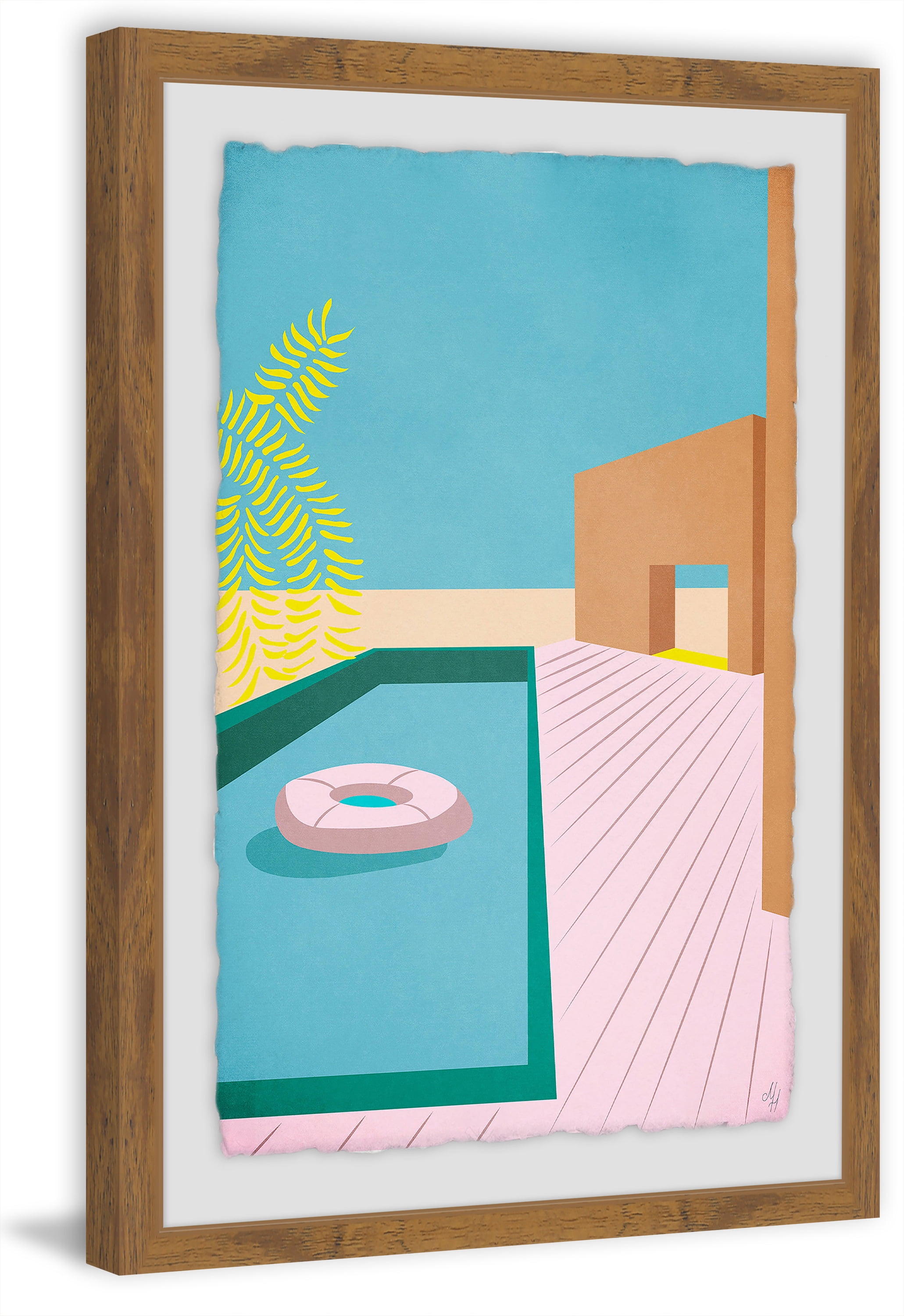 18" x 12" Blue and Beige Abstract Pool Print with Wooden Frame