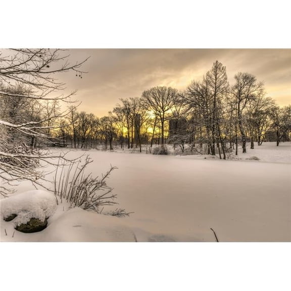 The Pool Frozen Over at Sunrise in Central Park - New York City United States of America Print - 19 x 12 in.