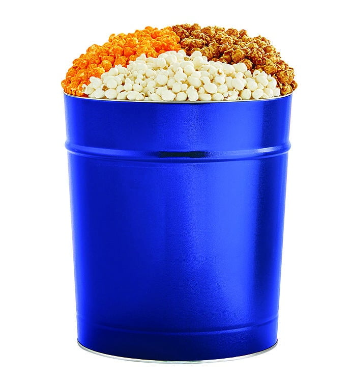 The Popcorn Factory Popcorn Gift Tin, Simply Blue, 3.5 Gallons (Robust Cheddar, White Cheddar, Caramel)