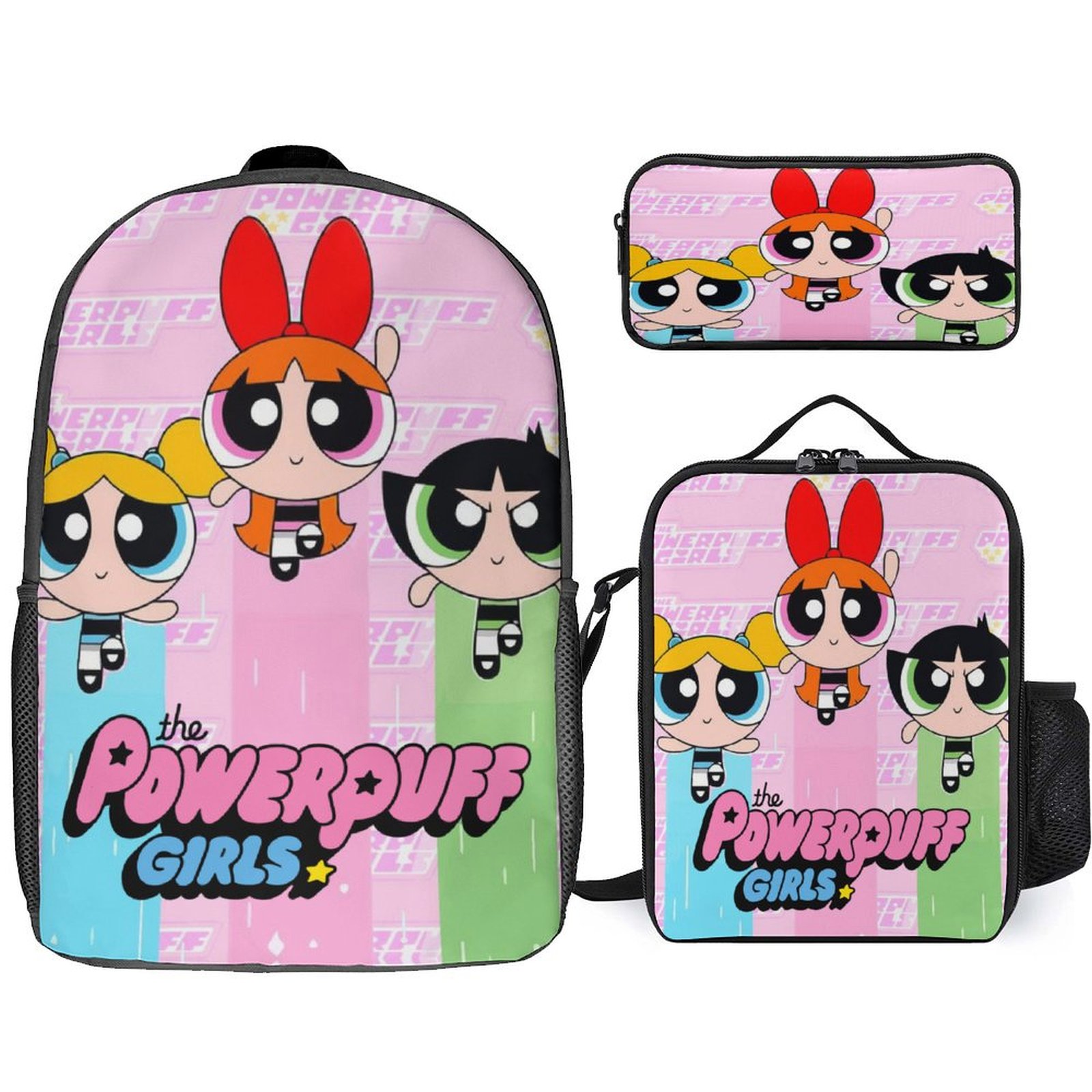The Powerpuff Blossom, Bubbles and Buttercup 3 Piece Backpack Set with Lunch Bag Pencil Case, High Capacity Bookbag with Lunch Box Pen Box