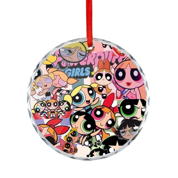 The Powerpuff Gi-rls Christmas Round Ornament Glass Circular Pendant Smooth Hanging Decoration for Home, Office & Christmas Tree