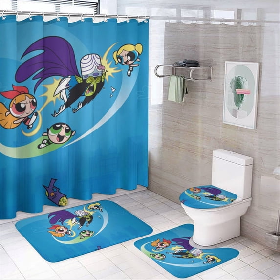 The Powerpuff Girls 4 Pcs Bathroom Shower Curtain Set with Rugs(Bath Mat,U Shape Mat, Toilet Lid Cover Mat) Bathroom Accessory Sets