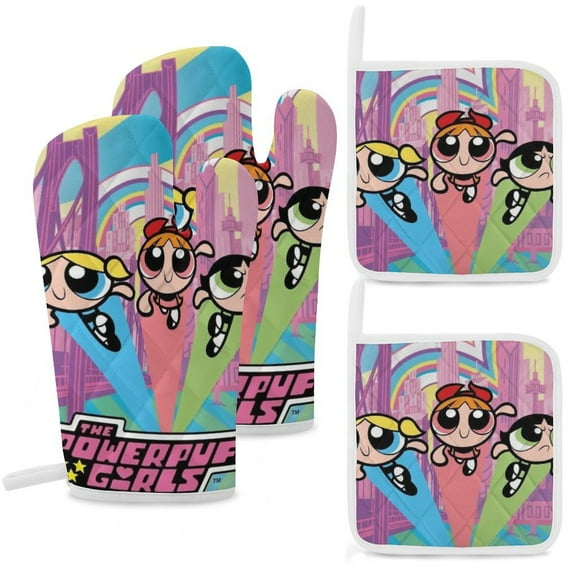 The Powerpuff Girls 4 Pcs Oven Mitts And Pot Holders Kitchen Oven Glove with Potholders Non-Slip Cooking Gloves for Cooking Baking Grilling