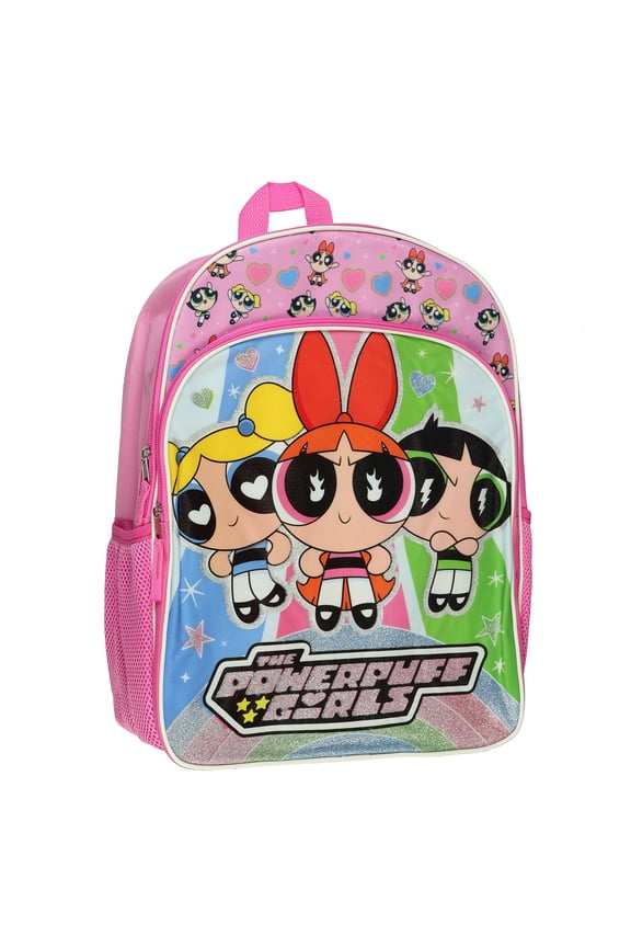 The Powerpuff Girls Backpack Blossom Buttercup Bubbles Sparkly 16" Bookbag with Adjustable Padded Straps